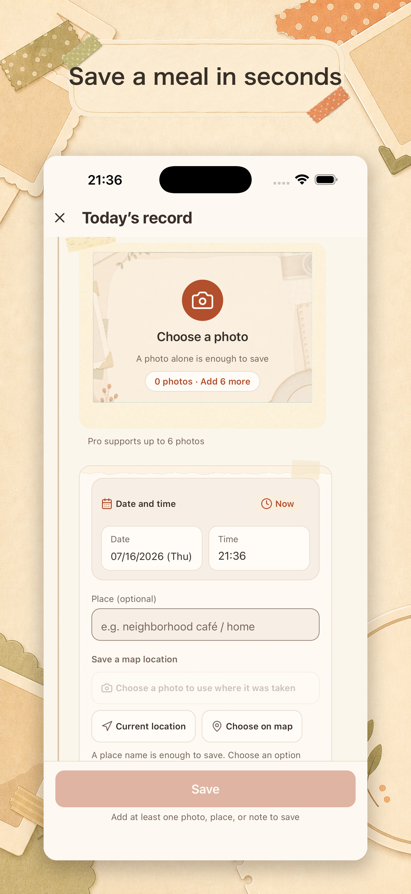 Tabememo screen for adding a photo, date, time, and place to a meal record
