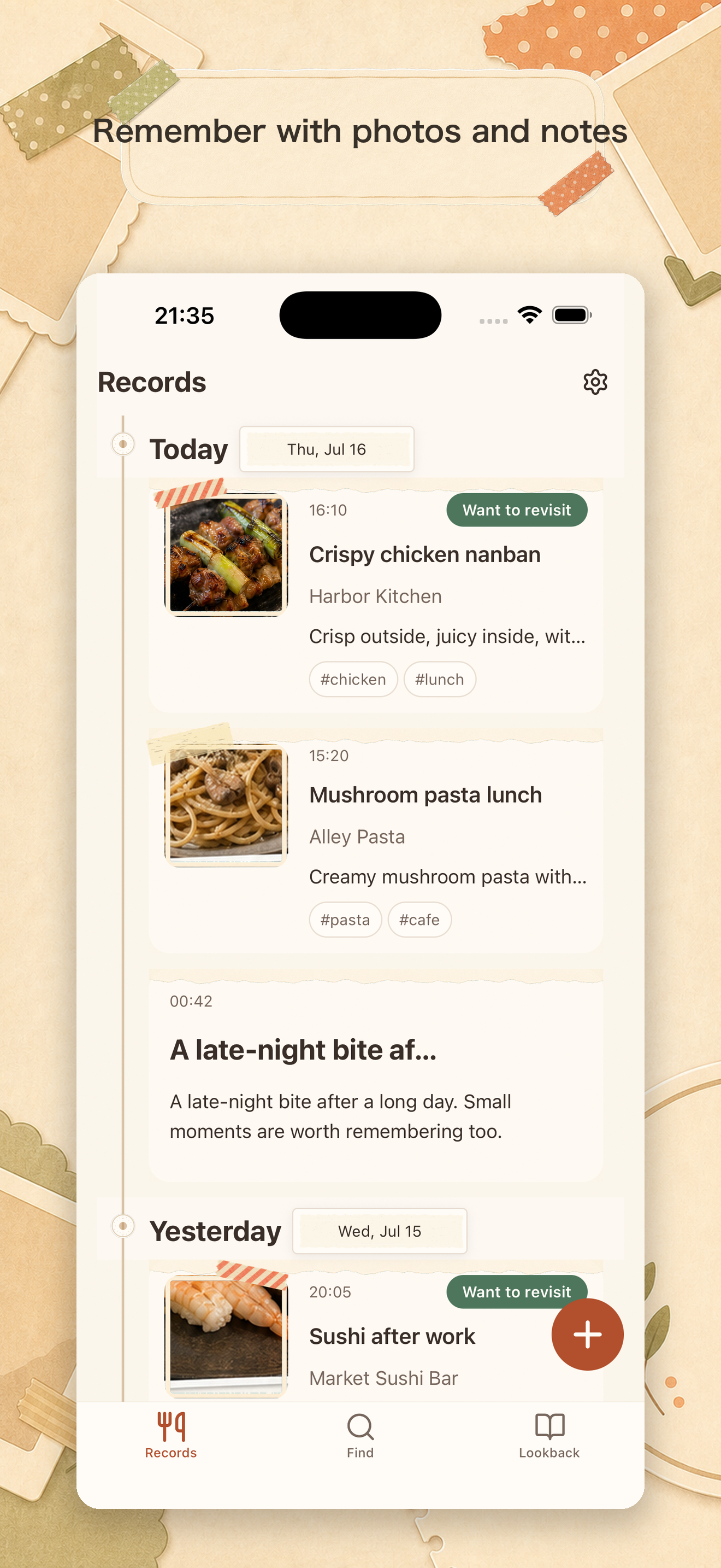 Meal photos and notes arranged by date in the Tabememo timeline