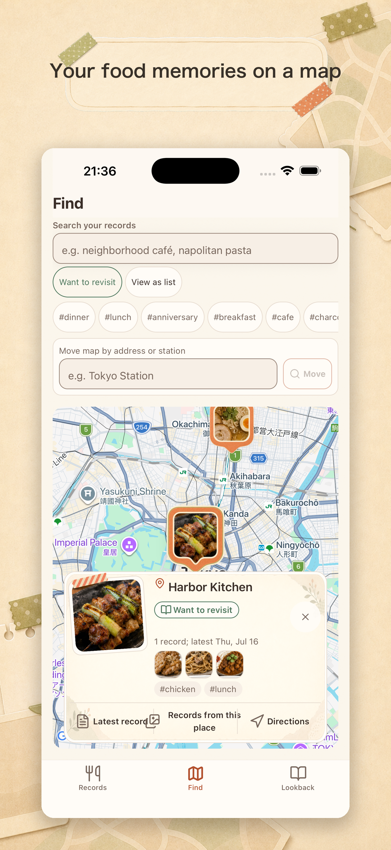 Personal map showing saved meal locations with photo markers