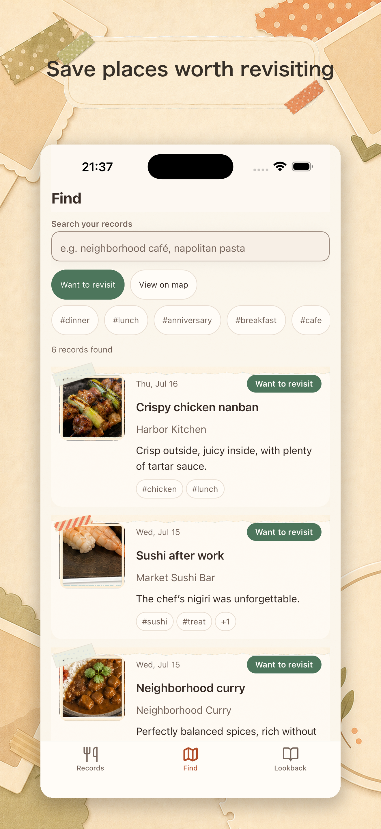 Meal detail with photos, a note, tags, and a want-to-revisit marker