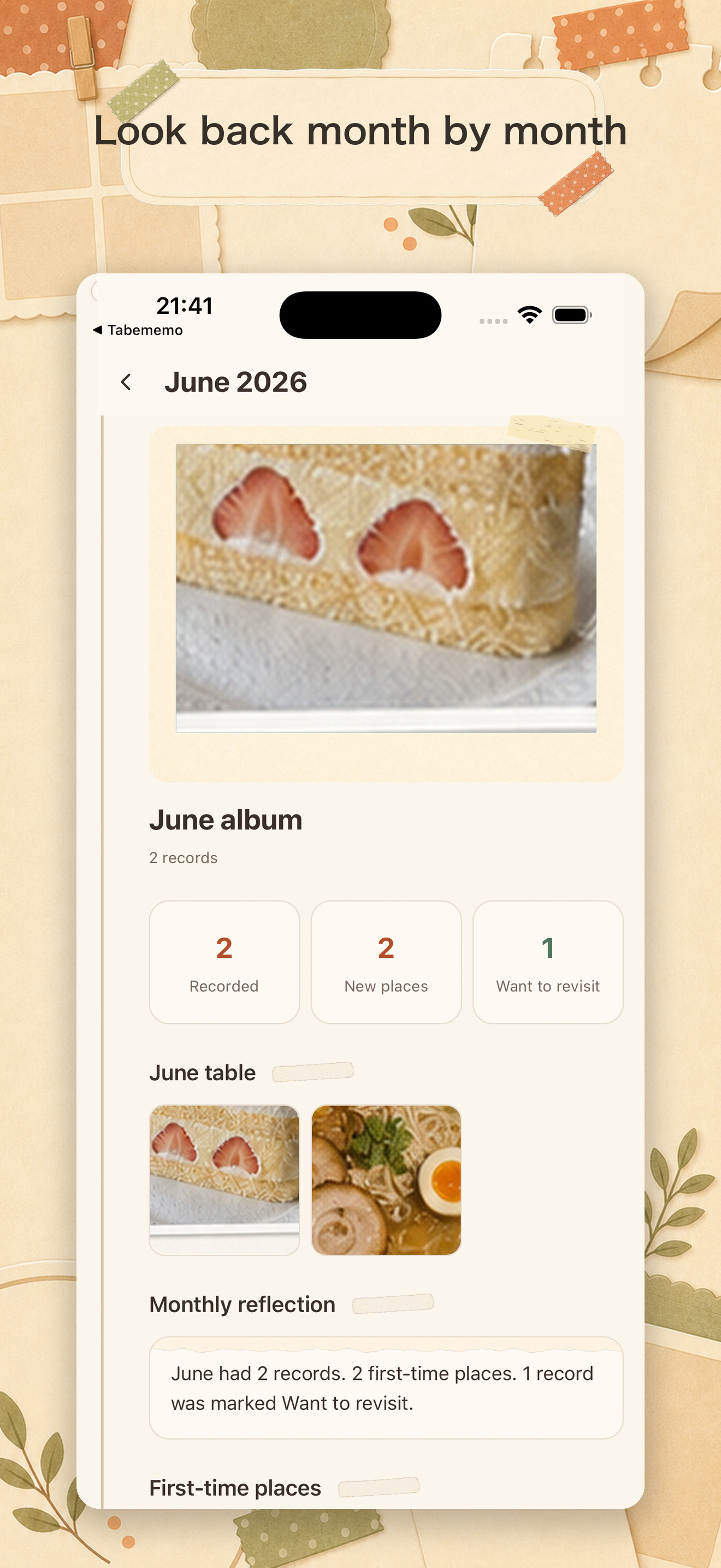 Monthly album showing meal photos and personal highlights