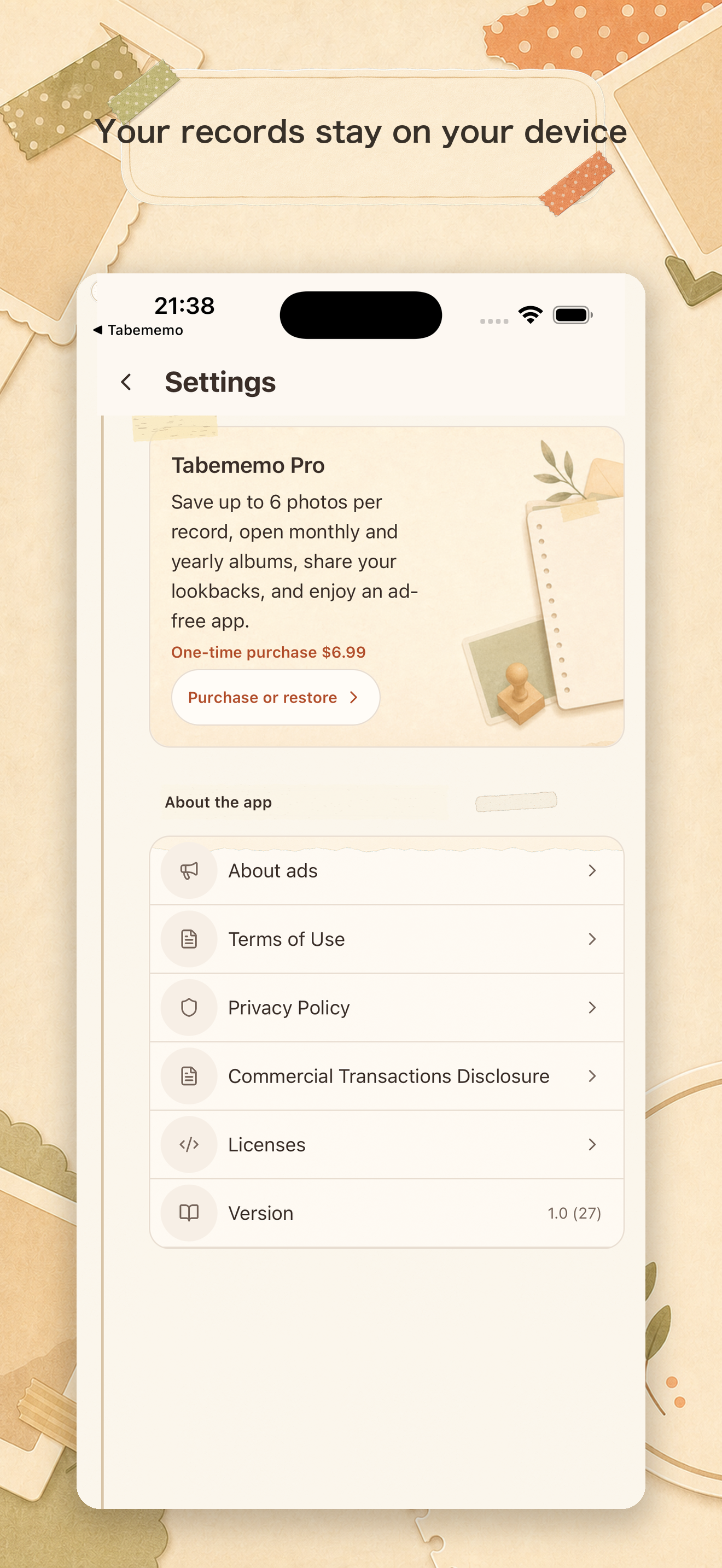 Settings with privacy, advertising, and app information links