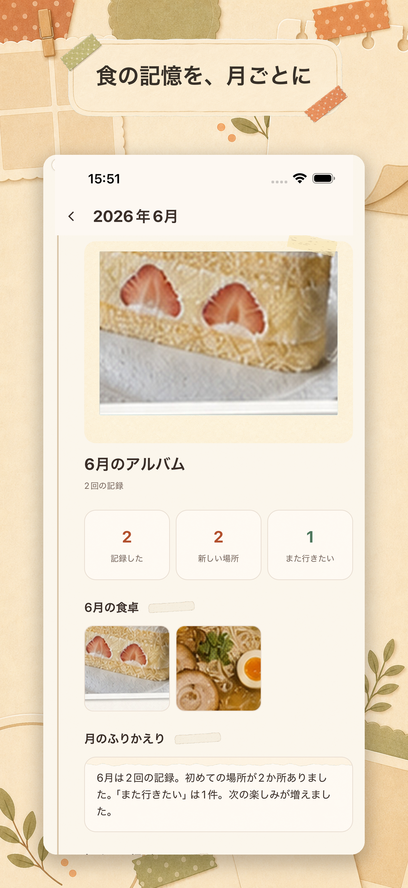 写真と件数で一か月の食事を振り返る月のアルバム画面